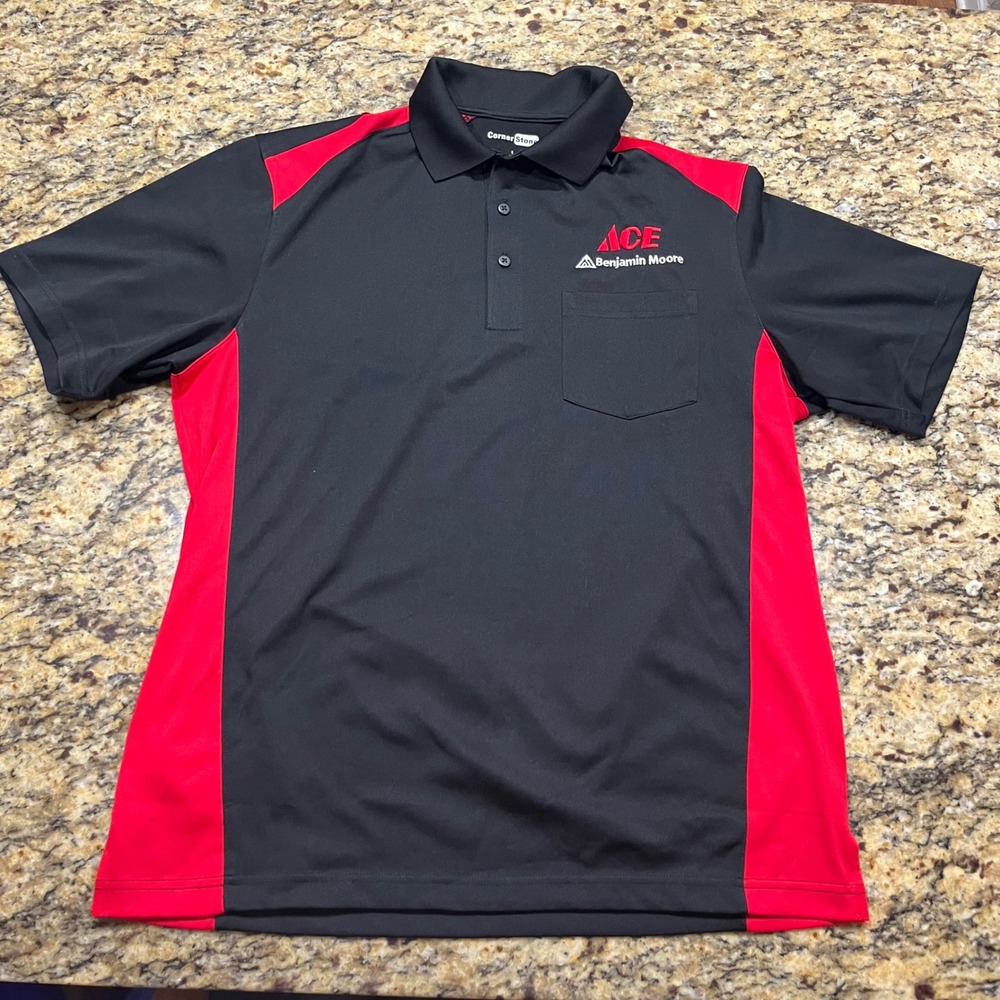 CornerStone Mens Ace Hardware Benjamin Moore Polo Shirt Black Red Pocket Large